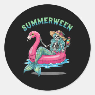 Summerween Mermaid Skeleton Flamingo Float Hallowe Classic Round Sticker