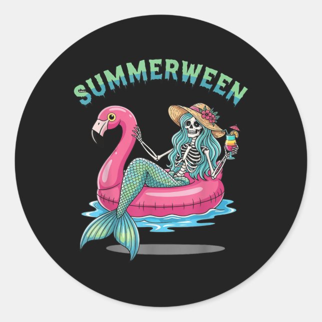 Summerween Mermaid Skeleton Flamingo Float Hallowe Classic Round Sticker (Front)