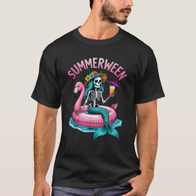 Summerween Mermaid Skeleton Flamingo Float Hallowe T-Shirt (Front)