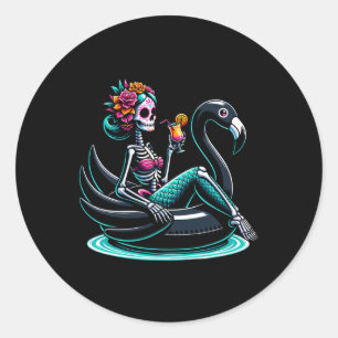 Summerween Mermaid Skeleton Flamingo Float Summer Classic Round Sticker