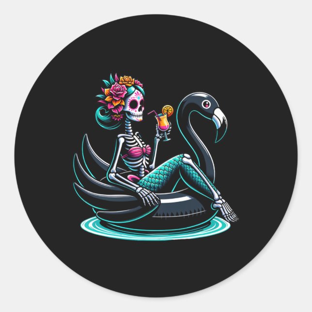 Summerween Mermaid Skeleton Flamingo Float Summer  Classic Round Sticker (Front)