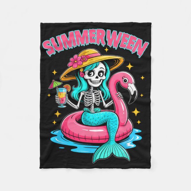 Summerween Mermaid Skeleton Halloween Flamingo Sum Fleece Blanket (Front)