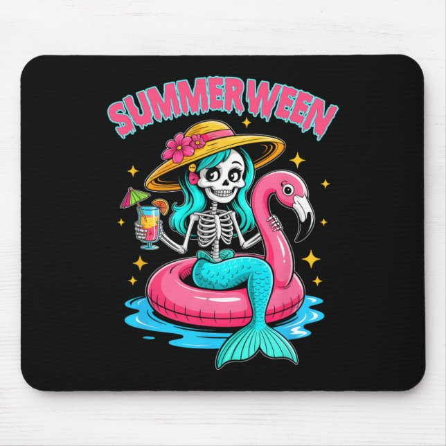 Summerween Mermaid Skeleton Halloween Flamingo Sum Mouse Pad (Front)