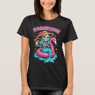 Summerween Mermaid Skeleton Halloween Flamingo Sum T-Shirt