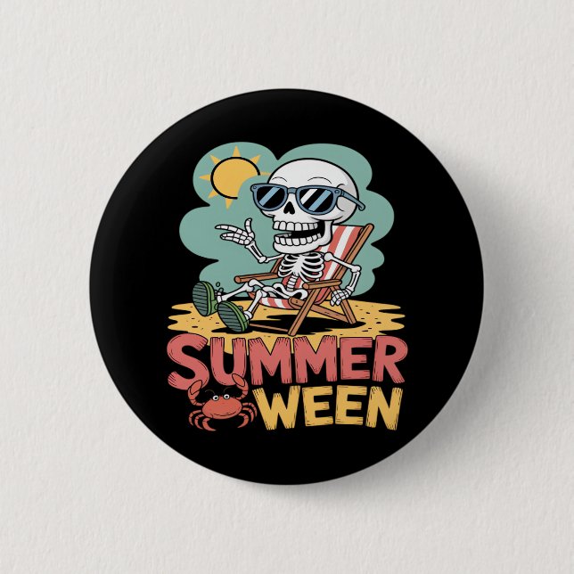 Summerween Skeleton Beach Vibes Halloween 2 Inch Round Button (Front)