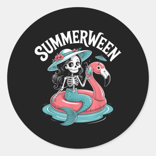 Summerween Skeleton Flamingo Halloween Vibes Classic Round Sticker (Front)