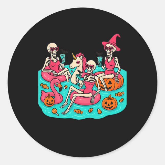 Summerween Skeleton Flamingo Just Waiting For Hall Classic Round Sticker (Front)