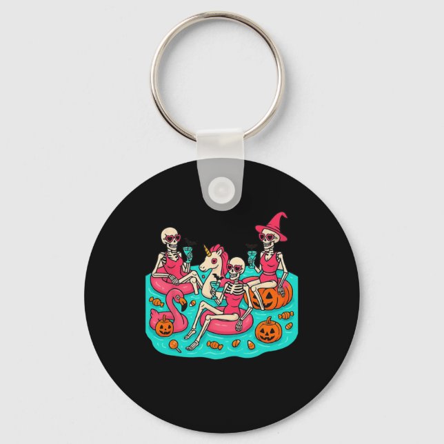 Summerween Skeleton Flamingo Just Waiting For Hall Keychain (Front)