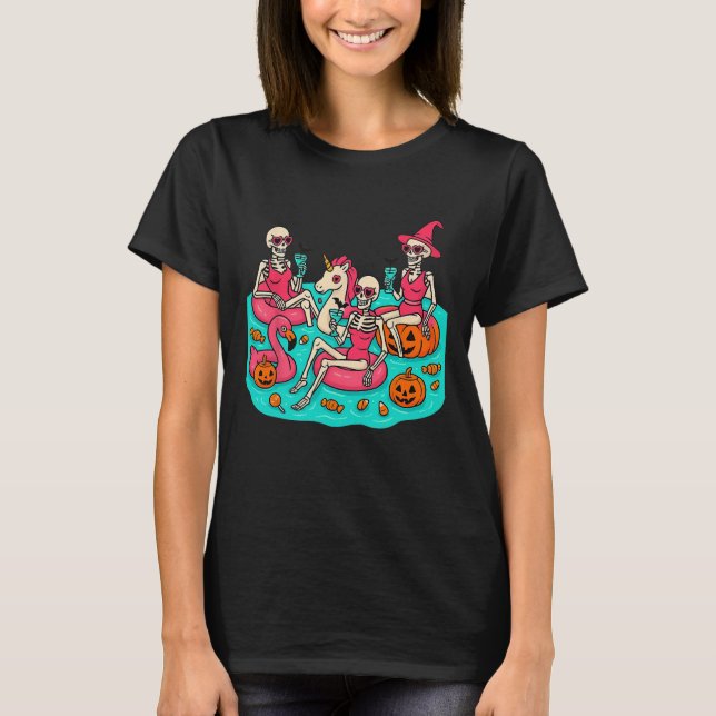 Summerween Skeleton Flamingo Just Waiting For Hall T-Shirt (Front)