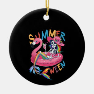 Summerween Skeleton Flamingo Summer Halloween Wome Ceramic Ornament