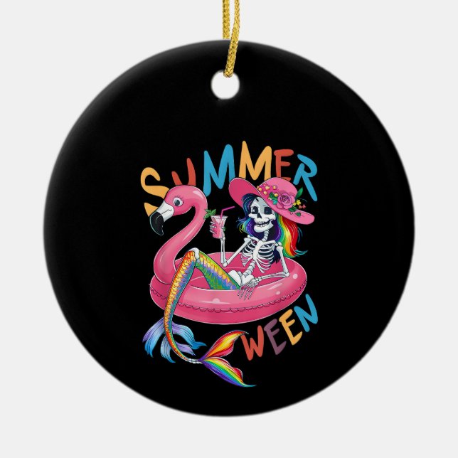 Summerween Skeleton Flamingo Summer Halloween Wome Ceramic Ornament (Front)