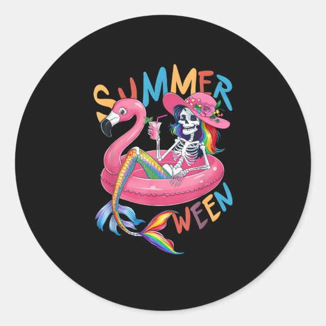 Summerween Skeleton Flamingo Summer Halloween Wome Classic Round Sticker (Front)