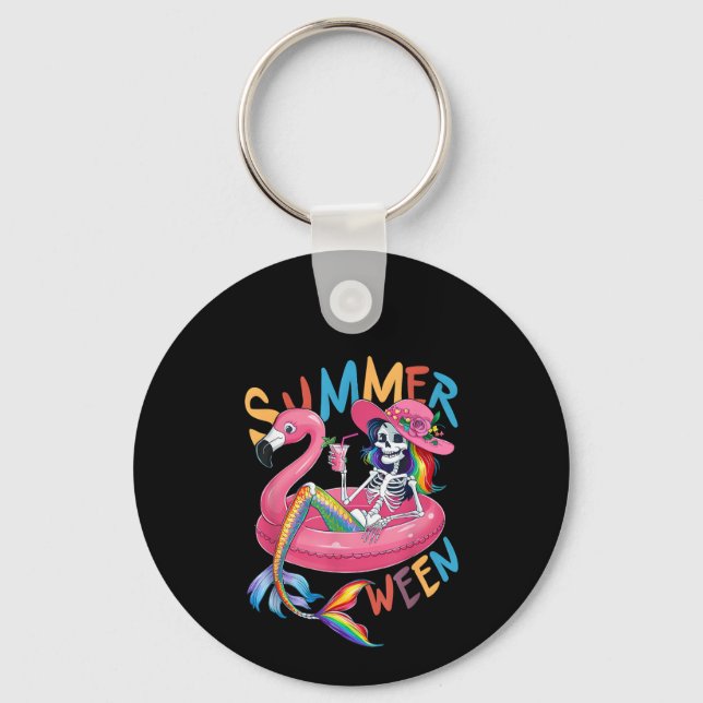 Summerween Skeleton Flamingo Summer Halloween Wome Keychain (Front)