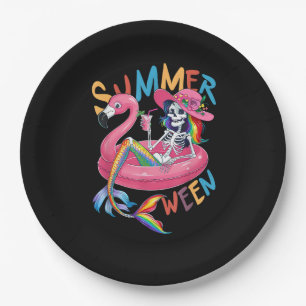 Summerween Skeleton Flamingo Summer Halloween Wome Paper Plate