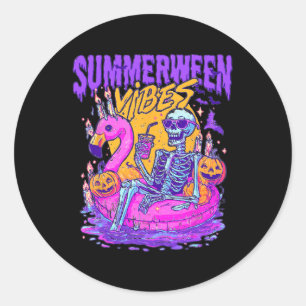 Summerween Skeleton Float Halloween Flamingo Vibes Classic Round Sticker