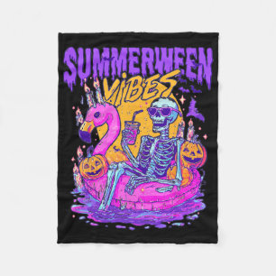 Summerween Skeleton Float Halloween Flamingo Vibes Fleece Blanket