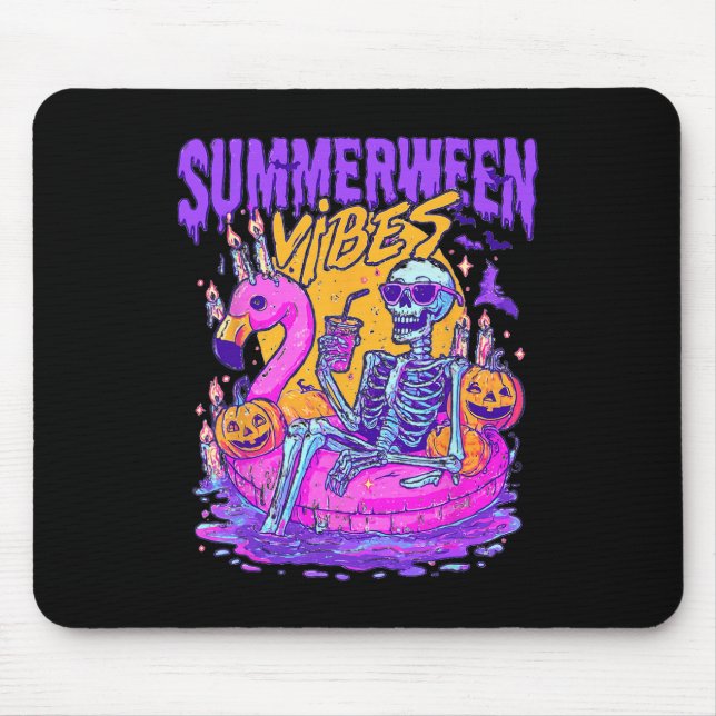Summerween Skeleton Float Halloween Flamingo Vibes Mouse Pad (Front)
