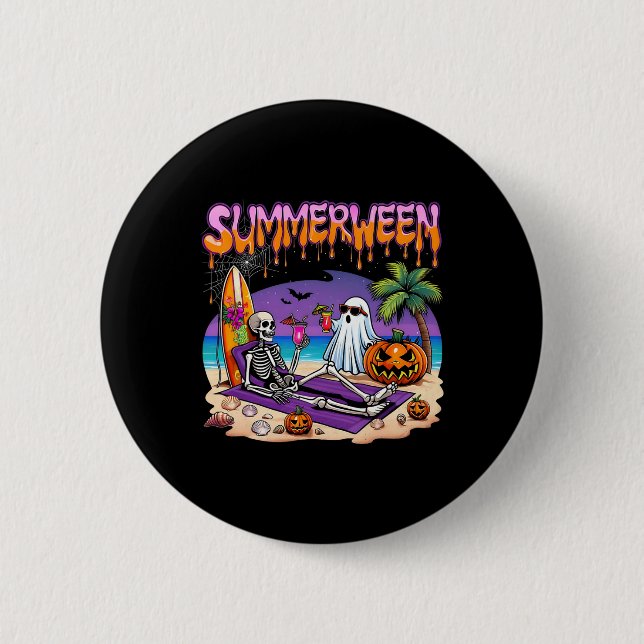 Summerween Skeleton Ghost Beach Funny Spooky Hallo 2 Inch Round Button (Front)