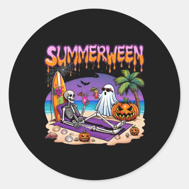 Summerween Skeleton Ghost Beach Funny Spooky Hallo Classic Round Sticker (Front)