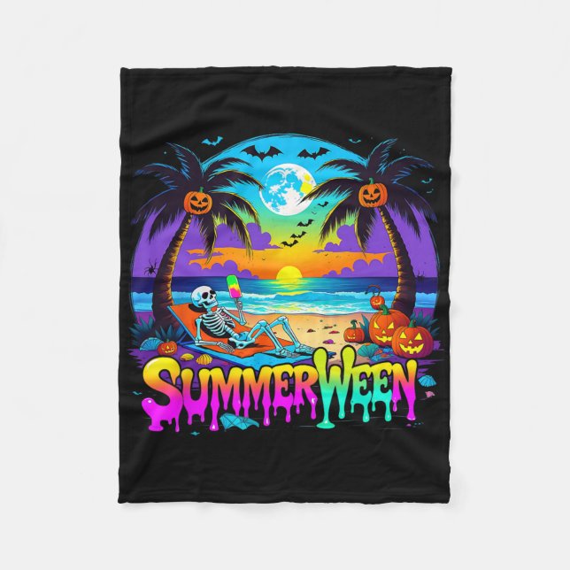 Summerween Skeleton Ghost Beach Funny Spooky Hallo Fleece Blanket (Front)