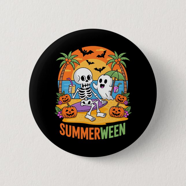 Summerween Skeleton Ghost Beach Halloween Party Fu 2 Inch Round Button (Front)