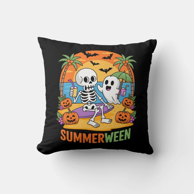 Summerween Skeleton Ghost Beach Halloween Party Fu Throw Pillow (Front)