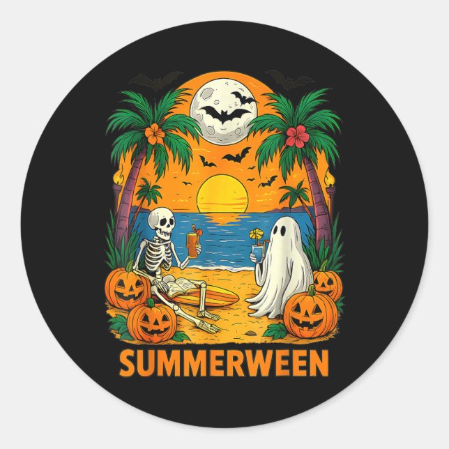 Summerween Skeleton Ghost Beach Party Halloween Vi Classic Round Sticker (Front)