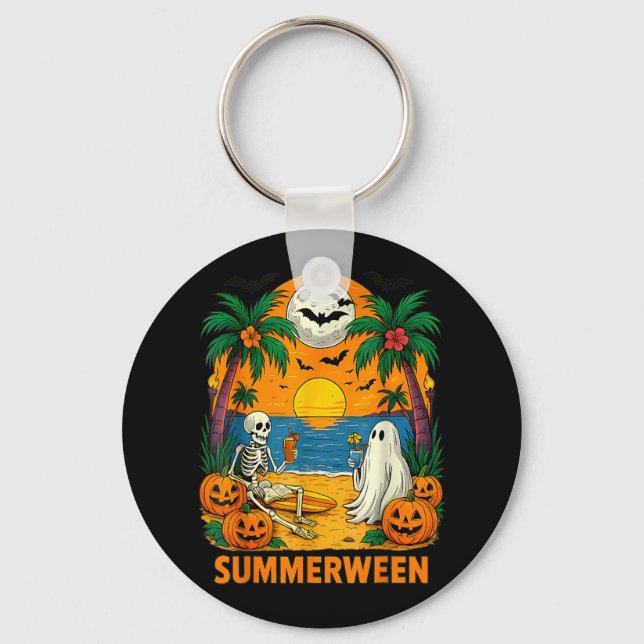 Summerween Skeleton Ghost Beach Party Halloween Vi Keychain (Front)