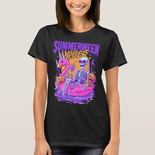 Summerween Skeleton Spooky Summer Beach Skelly Hal T-Shirt (Front)