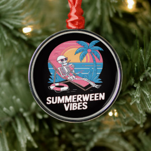 Summerween Skeleton Summer Vacation Beach Funny Metal Ornament