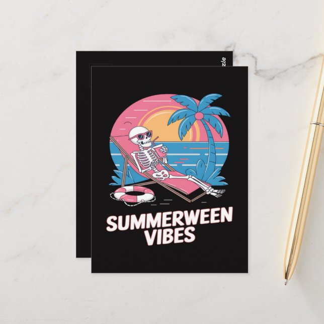 Summerween Skeleton Summer Vacation Beach Funny Postcard (Front/Back In Situ)