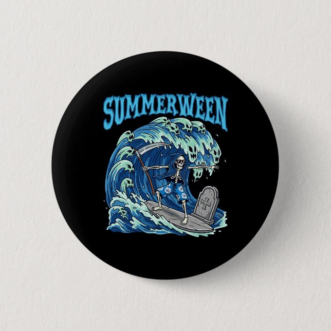 Summerween Skeleton Surf Grim Reaper Beach Spooky  2 Inch Round Button (Front)