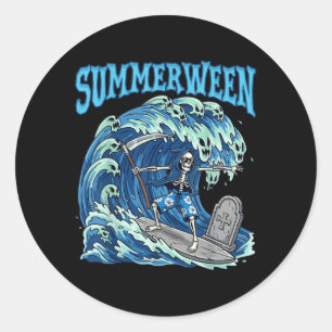 Summerween Skeleton Surf Grim Reaper Beach Spooky Classic Round Sticker