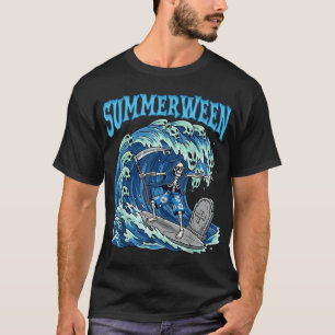 Summerween Skeleton Surf Grim Reaper Beach Spooky T-Shirt
