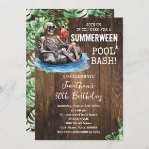Summerween Skeleton Tropical Halloween Birthday Invitation