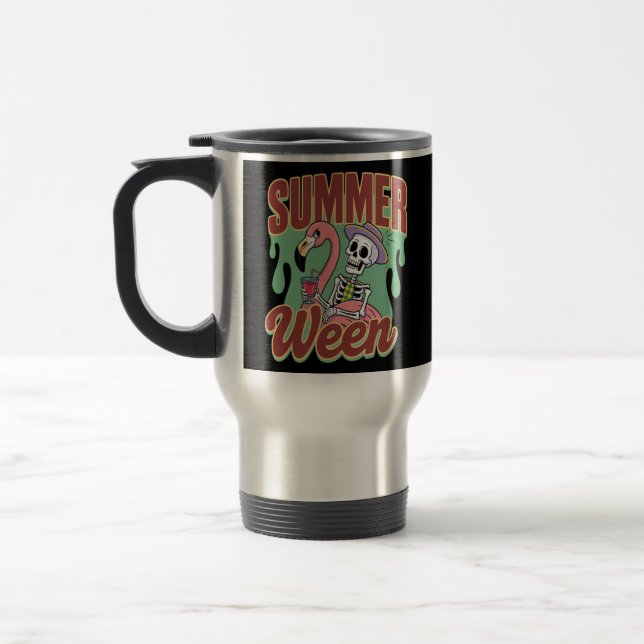 Summerween Skeleton Vibes Funny Halloween Travel Mug (Left)
