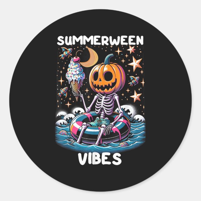 Summerween Summer Halloween Funny Skeleton Ice Cre Classic Round Sticker (Front)