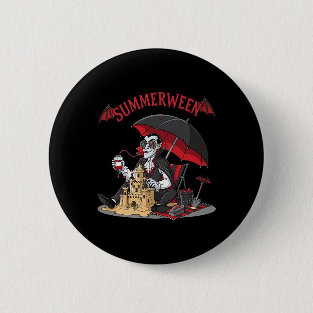 Summerween Vampire Beach Dracula Sandcastle Gothic 2 Inch Round Button (Front)