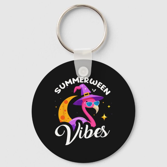 Summerween Vibes Flamingo Summer Halloween Vacatio Keychain (Front)