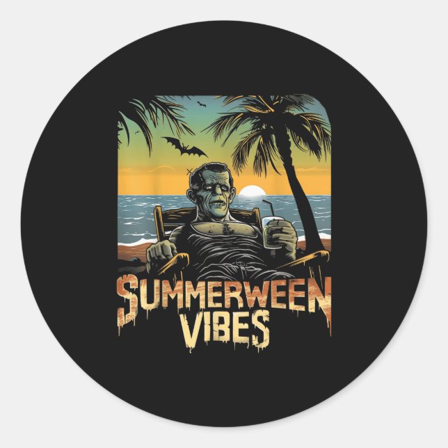 Summerween Vibes Frankenstein Summer Halloween Hol Classic Round Sticker (Front)