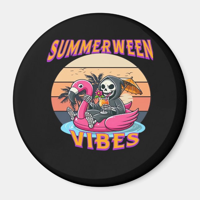 Summerween Vibes Grim Reaper Flamingo Float Retro  Magnet (Front)