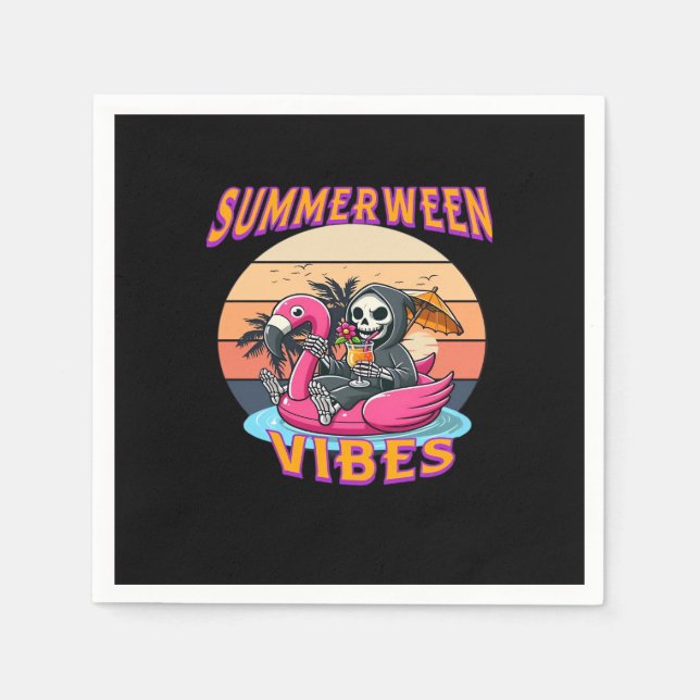 Summerween Vibes Grim Reaper Flamingo Float Retro  Napkin (Front)