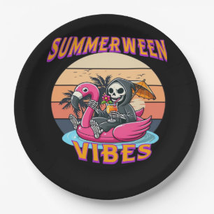Summerween Vibes Grim Reaper Flamingo Float Retro Paper Plate