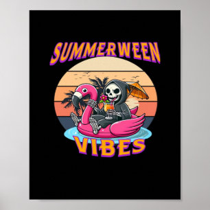 Summerween Vibes Grim Reaper Flamingo Float Retro Poster
