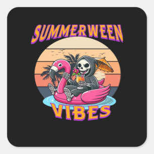 Summerween Vibes Grim Reaper Flamingo Float Retro  Square Sticker