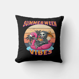 Summerween Vibes Grim Reaper Flamingo Float Retro Throw Pillow