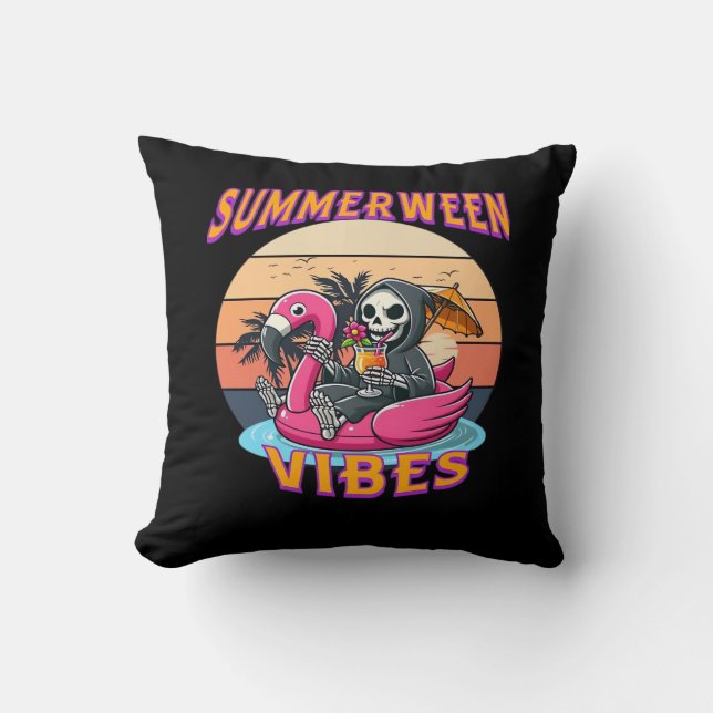 Summerween Vibes Grim Reaper Flamingo Float Retro  Throw Pillow (Front)