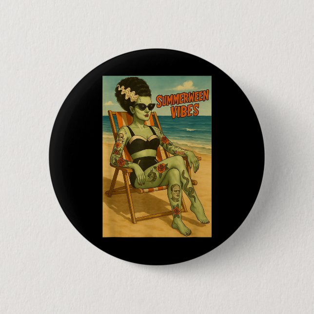 Summerween Vibes Retro Beach Gothic Style Tee  2 Inch Round Button (Front)
