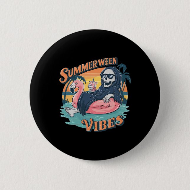 Summerween Vibes Skeleton Flamingo Float Summer Ha 2 Inch Round Button (Front)