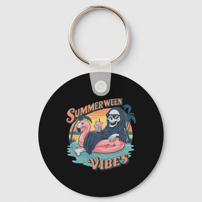 Summerween Vibes Skeleton Flamingo Float Summer Ha Keychain (Front)